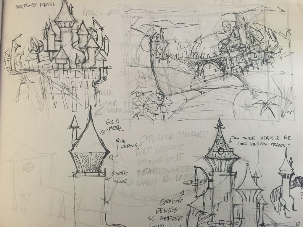 Scan of a sketchbook. Several drawings of castles. 